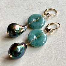 Load image into Gallery viewer, Grade A Dark Green Jade &amp; Baby Peacock Baroque Pearl Earrings