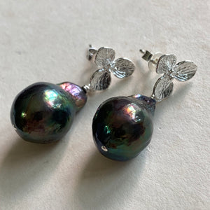 Baby Peacock Baroque Pearls on Silver Flower Studs