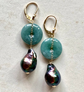 Grade A Dark Green Jade & Baby Peacock Baroque Pearl Earrings