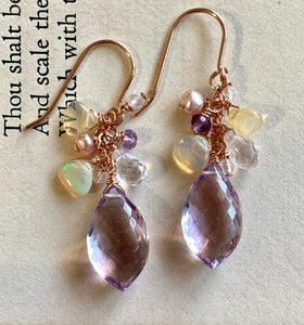 Pink Amethyst, Ethiopian Opals 14k Rose Gold Filled Earrings