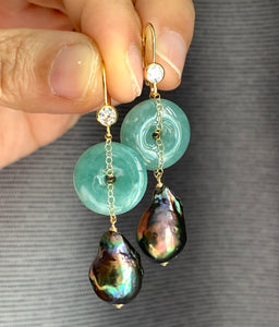 Grade A Dark Green Jade & Baby Peacock Baroque Pearl Earrings