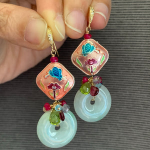 Grade A Jade, Cloisonné & Vibrant Gemstones 14k Gold Filled Earrings