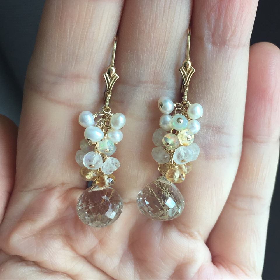 AAA Golden Rutile, Opal, Gemstones, Pearl 14k Gold Filled Earrings