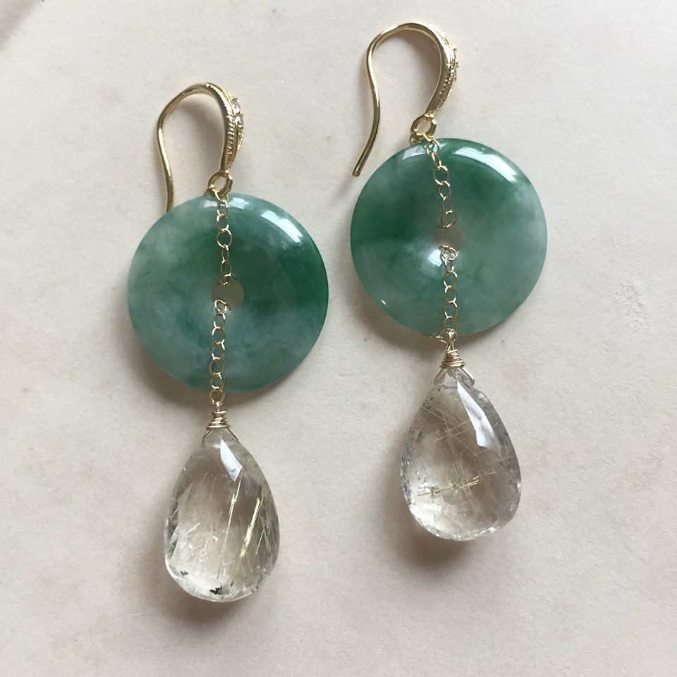 Dark Green Jade & Gold Rutile Earrings