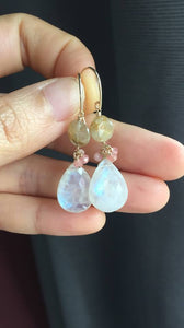 Rainbow moonstone, Rhodocrosite & Golden Rutile Earrings