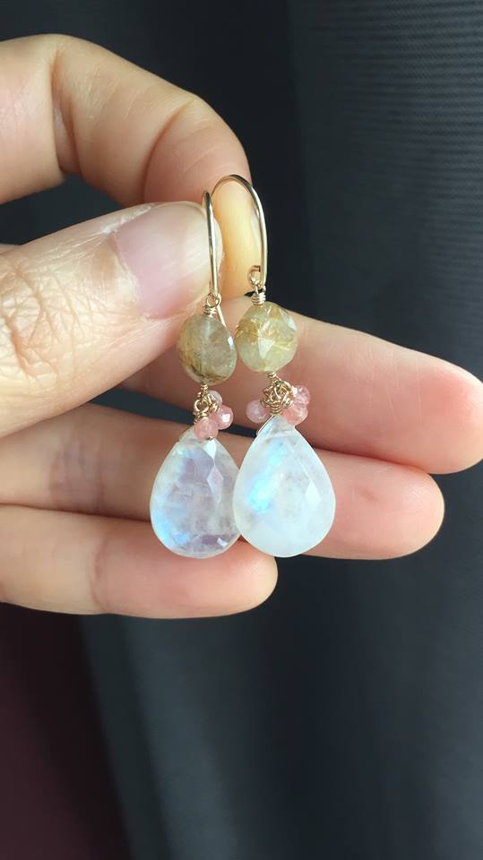Rainbow moonstone, Rhodocrosite & Golden Rutile Earrings