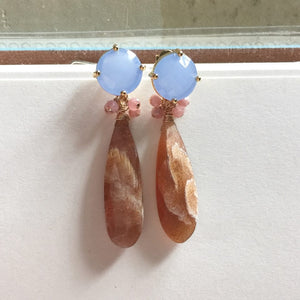 Sunstone, Rhodocrosite and Blue Glass Stud Earrings